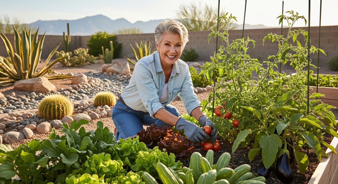 A senior woman in her 60s happily gardening in raised beds in her Las Vegas backyard, tending to heat-tolerant vegetables and desert plants in warm morning sunshine.