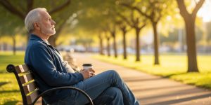 A senior man in his late 60s sitting alone on a park bench in Las Vegas, looking reflective in warm afternoon sunlight — representing senior depression over 60 in Las Vegas and the importance of mental health awareness and support for older adults.
