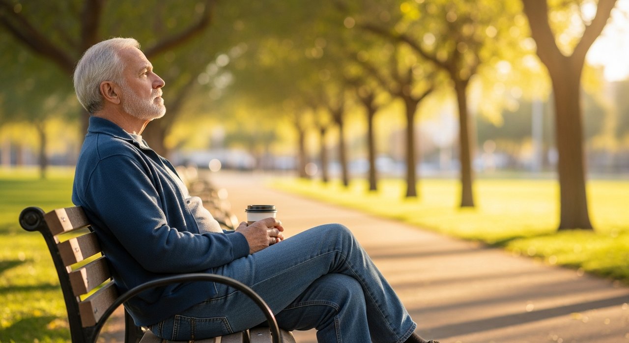 A senior man in his late 60s sitting alone on a park bench in Las Vegas, looking reflective in warm afternoon sunlight — representing senior depression over 60 in Las Vegas and the importance of mental health awareness and support for older adults.