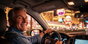 A senior man in his 60s smiling while driving a rideshare vehicle through the Las Vegas Strip at night, with colorful casino neon lights reflecting through the car windows, representing flexible part time senior employment in Las Vegas.