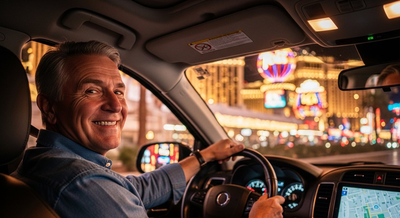 A senior man in his 60s smiling while driving a rideshare vehicle through the Las Vegas Strip at night, with colorful casino neon lights reflecting through the car windows, representing flexible part time senior employment in Las Vegas.