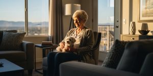 A senior woman in her late sixties sitting in a sunny Las Vegas apartment living room, holding a small white dog, representing the search for pet-friendly senior apartments in Las Vegas for those looking to enjoy retirement with a companion animal.