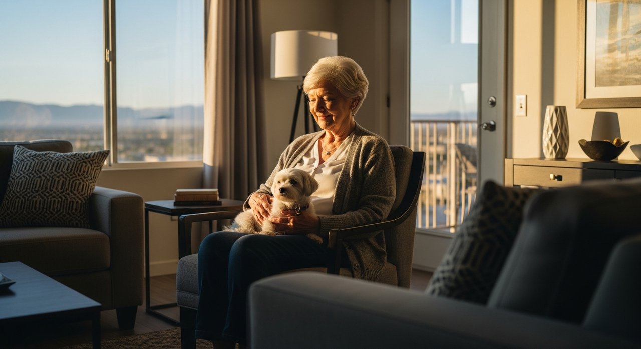 A senior woman in her late sixties sitting in a sunny Las Vegas apartment living room, holding a small white dog, representing the search for pet-friendly senior apartments in Las Vegas for those looking to enjoy retirement with a companion animal.