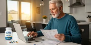 A senior man in Las Vegas reviewing prescription drug costs and assistance program options on a laptop at his kitchen table, with Medicare documents and a Nevada Drug Card nearby in 2026.