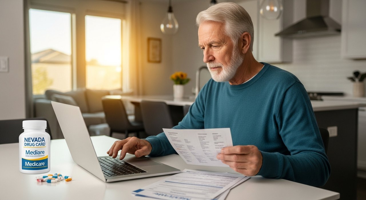 A senior man in Las Vegas reviewing prescription drug costs and assistance program options on a laptop at his kitchen table, with Medicare documents and a Nevada Drug Card nearby in 2026.