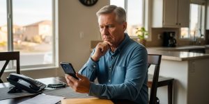 A senior man in his 60s sitting at his kitchen table in a Las Vegas home, carefully reviewing a phone call and mail, representing senior scam prevention in Las Vegas and the importance of protecting your money from fraud and impersonation scams in 2026.