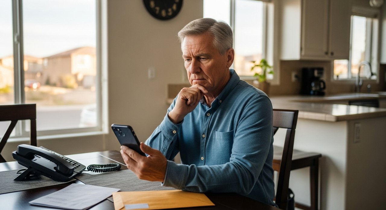 A senior man in his 60s sitting at his kitchen table in a Las Vegas home, carefully reviewing a phone call and mail, representing senior scam prevention in Las Vegas and the importance of protecting your money from fraud and impersonation scams in 2026.