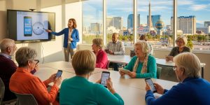 A diverse group of seniors in their sixties and seventies sitting at library tables in a Las Vegas classroom, attentively learning free smartphone classes for seniors with an instructor demonstrating on a large screen, representing accessible technology training for older adults.