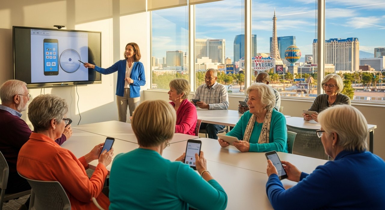 A diverse group of seniors in their sixties and seventies sitting at library tables in a Las Vegas classroom, attentively learning free smartphone classes for seniors with an instructor demonstrating on a large screen, representing accessible technology training for older adults.