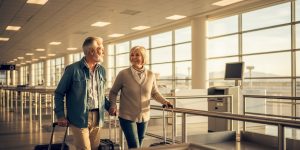 A senior couple in their late 60s breezing through airport security at Harry Reid International Airport in Las Vegas, smiling with their rolling luggage in a well-lit terminal, representing senior travel discounts and TSA PreCheck savings for travelers over 60.