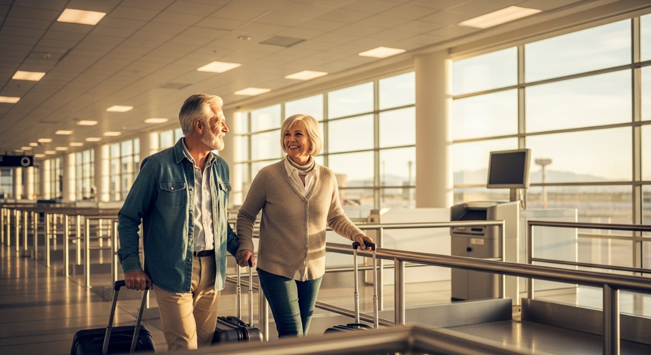 A senior couple in their late 60s breezing through airport security at Harry Reid International Airport in Las Vegas, smiling with their rolling luggage in a well-lit terminal, representing senior travel discounts and TSA PreCheck savings for travelers over 60.