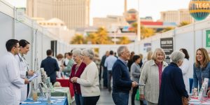 A diverse group of seniors in their 60s attending a living well senior wellness event in Las Vegas 2026, walking through a bright expo with health vendors and medical professionals. Warm golden lighting, Las Vegas background, seniors smiling and discussing wellness services and health information booths.