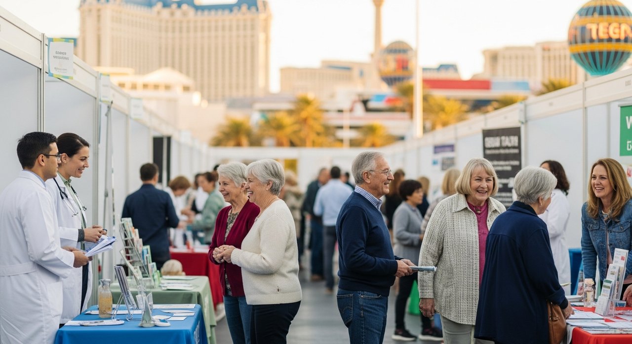 A diverse group of seniors in their 60s attending a living well senior wellness event in Las Vegas 2026, walking through a bright expo with health vendors and medical professionals. Warm golden lighting, Las Vegas background, seniors smiling and discussing wellness services and health information booths.