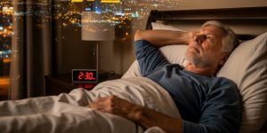 A senior man in his 60s lying awake in bed late at night in his Las Vegas home, experiencing sleep problems seniors commonly face, with the city glow visible through the window and a bedside clock reading 2:30 AM in warm ambient lighting.