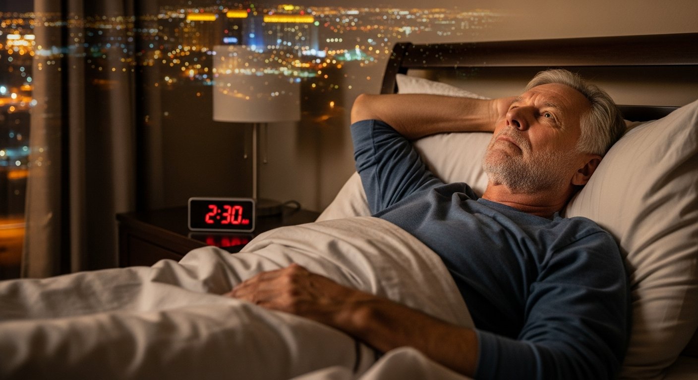 A senior man in his 60s lying awake in bed late at night in his Las Vegas home, experiencing sleep problems seniors commonly face, with the city glow visible through the window and a bedside clock reading 2:30 AM in warm ambient lighting.