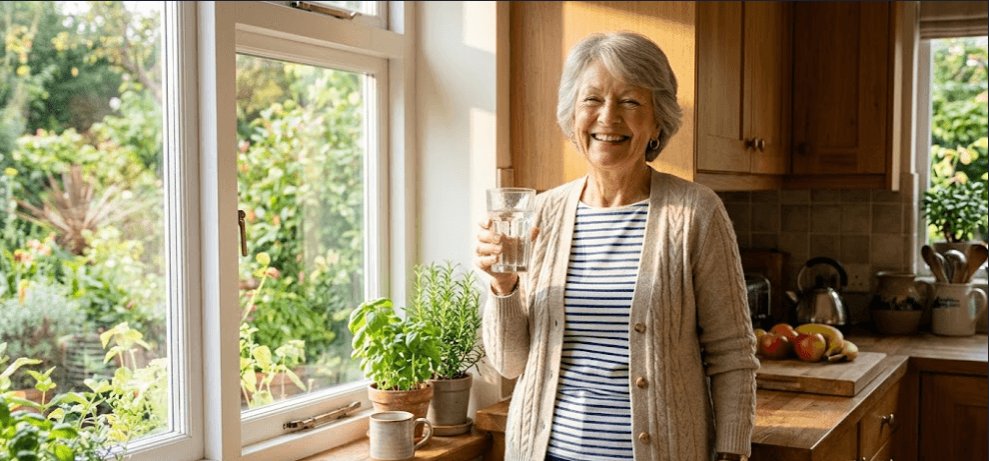 A senior woman over 60 drinking a glass of water by a sunny kitchen window as part of her healthy morning habits routine