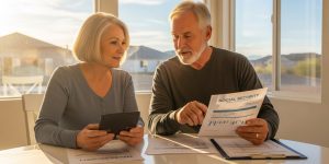 Senior couple in their 60s reviewing Social Security claiming strategy documents at a kitchen table in their Las Vegas home, comparing benefits at age 62 versus 70 to maximize lifetime retirement income with Nevada's tax advantages.