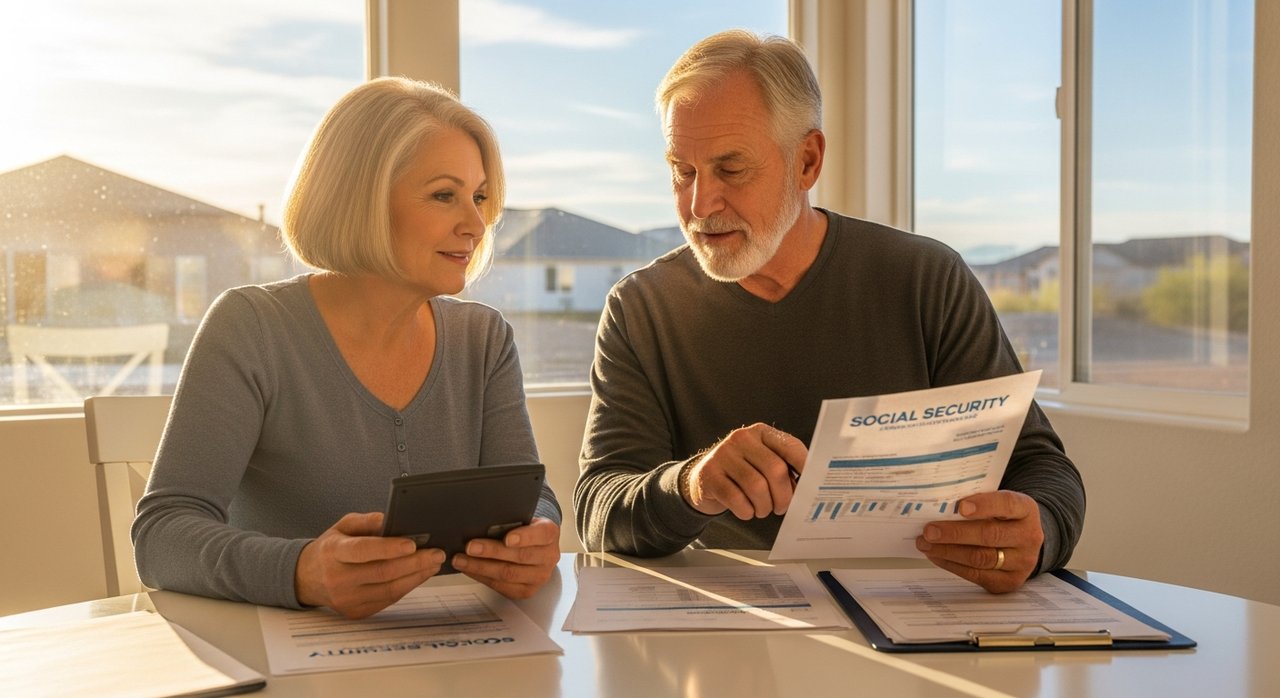 Senior couple in their 60s reviewing Social Security claiming strategy documents at a kitchen table in their Las Vegas home, comparing benefits at age 62 versus 70 to maximize lifetime retirement income with Nevada's tax advantages.