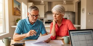 A senior couple in their 60s reviewing Social Security COLA 2026 documents and monthly budget at their Las Vegas kitchen table, with warm natural light coming through the window and financial papers spread in front of them.