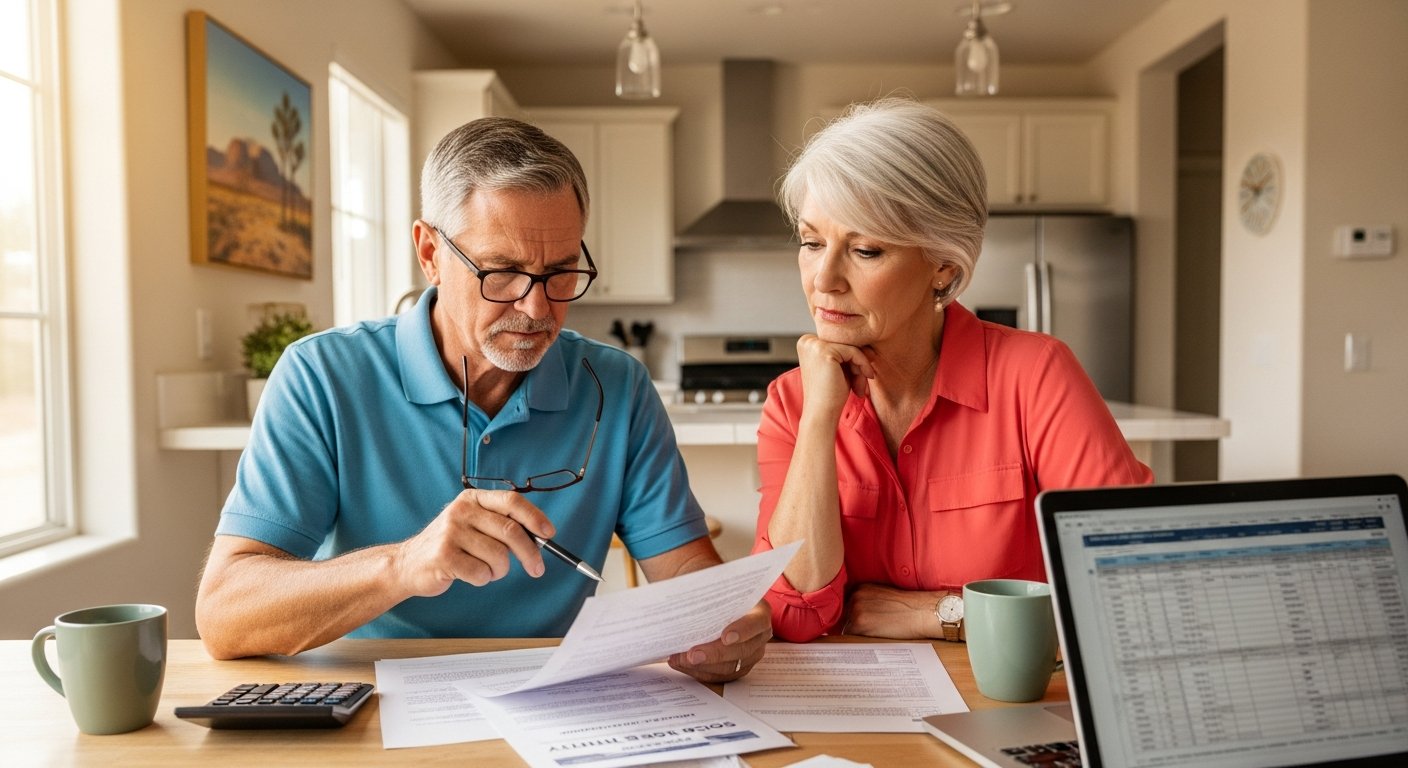 A senior couple in their 60s reviewing Social Security COLA 2026 documents and monthly budget at their Las Vegas kitchen table, with warm natural light coming through the window and financial papers spread in front of them.