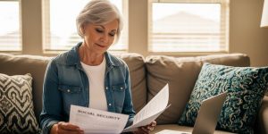 A senior woman in her late 60s reviews Social Security survivor benefits documents at home in Las Vegas, sitting in a sunlit living room with paperwork and a laptop, carefully planning her retirement income strategy for 2026.