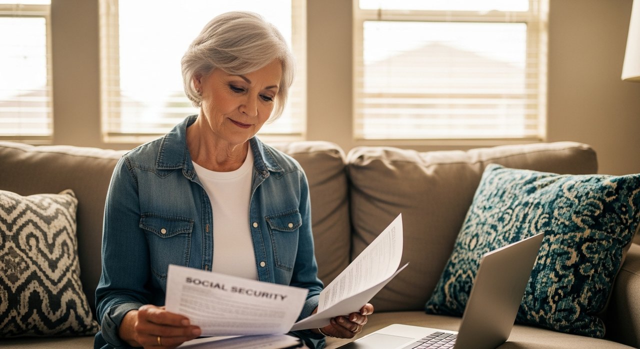 A senior woman in her late 60s reviews Social Security survivor benefits documents at home in Las Vegas, sitting in a sunlit living room with paperwork and a laptop, carefully planning her retirement income strategy for 2026.