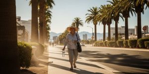 Senior woman practicing summer heat safety while walking in Las Vegas with sun hat and water bottle