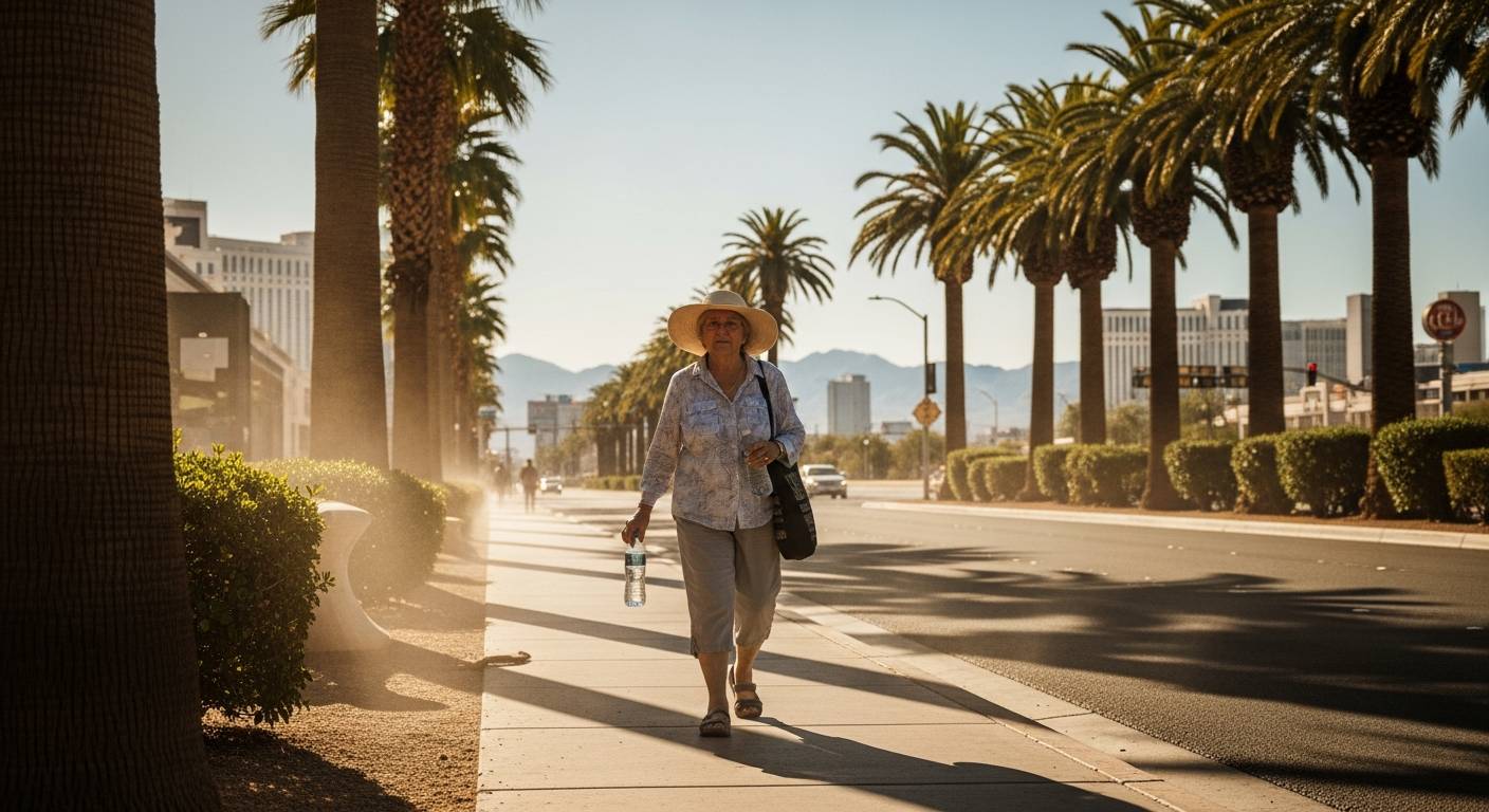 Senior woman practicing summer heat safety while walking in Las Vegas with sun hat and water bottle