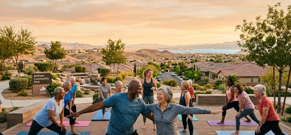 Seniors practicing yoga at Anthem Community Park during golden sunset.