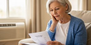 A senior woman in her 60s sitting in her Las Vegas home living room reviewing her electric utility bill, looking relieved, with an air conditioning unit visible in the background representing utility assistance programs for seniors.