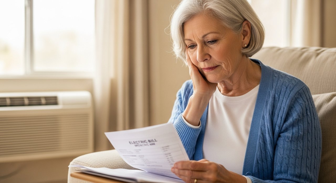 A senior woman in her 60s sitting in her Las Vegas home living room reviewing her electric utility bill, looking relieved, with an air conditioning unit visible in the background representing utility assistance programs for seniors.