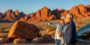 A senior couple in their 60s pausing at a scenic overlook during a Valley of Fire State Park day trip from Las Vegas, Nevada, surrounded by stunning red sandstone formations in warm morning light — one of the most accessible and scenic drives in the Southwest for seniors.