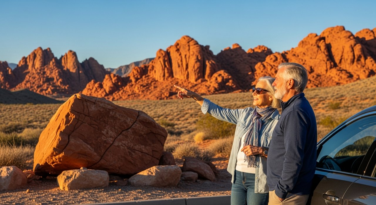 A senior couple in their 60s pausing at a scenic overlook during a Valley of Fire State Park day trip from Las Vegas, Nevada, surrounded by stunning red sandstone formations in warm morning light — one of the most accessible and scenic drives in the Southwest for seniors.