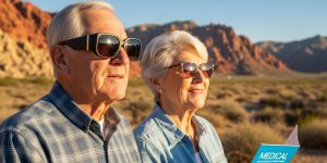 A senior couple in their late 60s outdoors near Red Rock Canyon, Las Vegas, wearing UV-protective sunglasses and reviewing eye care information — illustrating the importance of eye care for seniors over 60 in Las Vegas and protecting vision health under intense desert sunlight.
