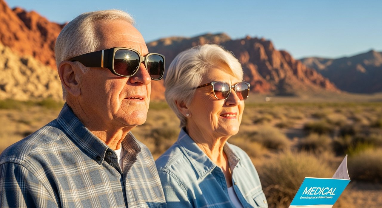 A senior couple in their late 60s outdoors near Red Rock Canyon, Las Vegas, wearing UV-protective sunglasses and reviewing eye care information — illustrating the importance of eye care for seniors over 60 in Las Vegas and protecting vision health under intense desert sunlight.