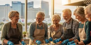 A diverse group of senior volunteers in their 60s and 70s preparing meals together in a Las Vegas community center, smiling and working collaboratively. This image represents volunteer opportunities for seniors in Las Vegas that promote community service, meaningful engagement, and social connection among retired adults.