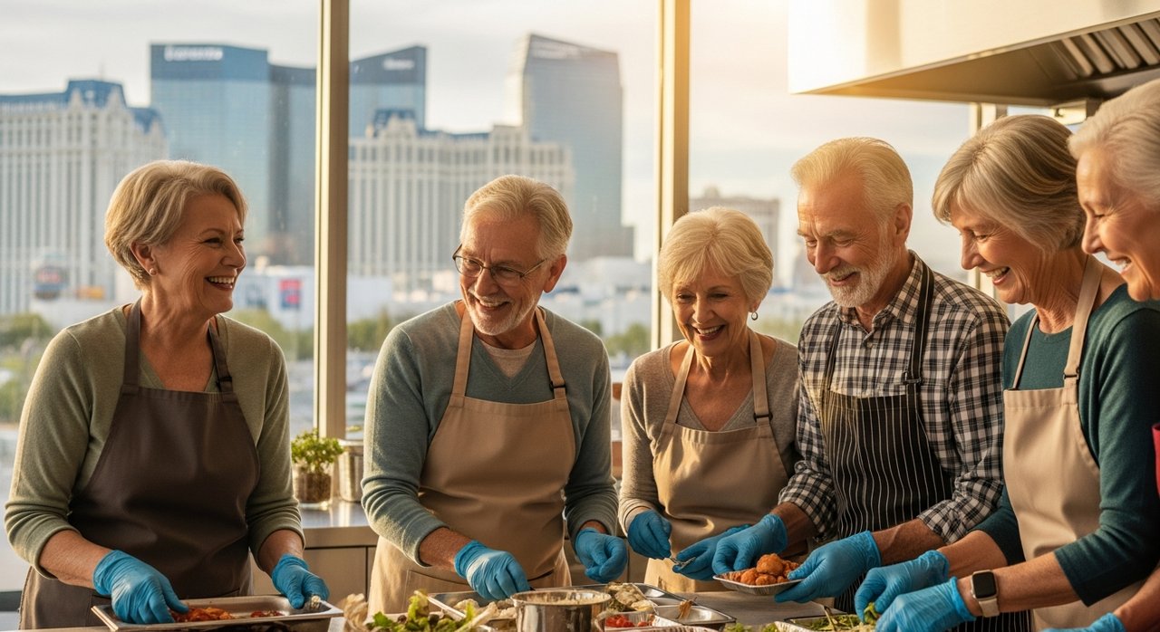 A diverse group of senior volunteers in their 60s and 70s preparing meals together in a Las Vegas community center, smiling and working collaboratively. This image represents volunteer opportunities for seniors in Las Vegas that promote community service, meaningful engagement, and social connection among retired adults.