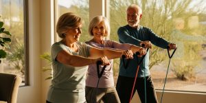 A senior couple in their 60s using resistance bands for strength training indoors in their Las Vegas home, following a weight loss program for seniors over 60 with low-impact exercise during summer heat.