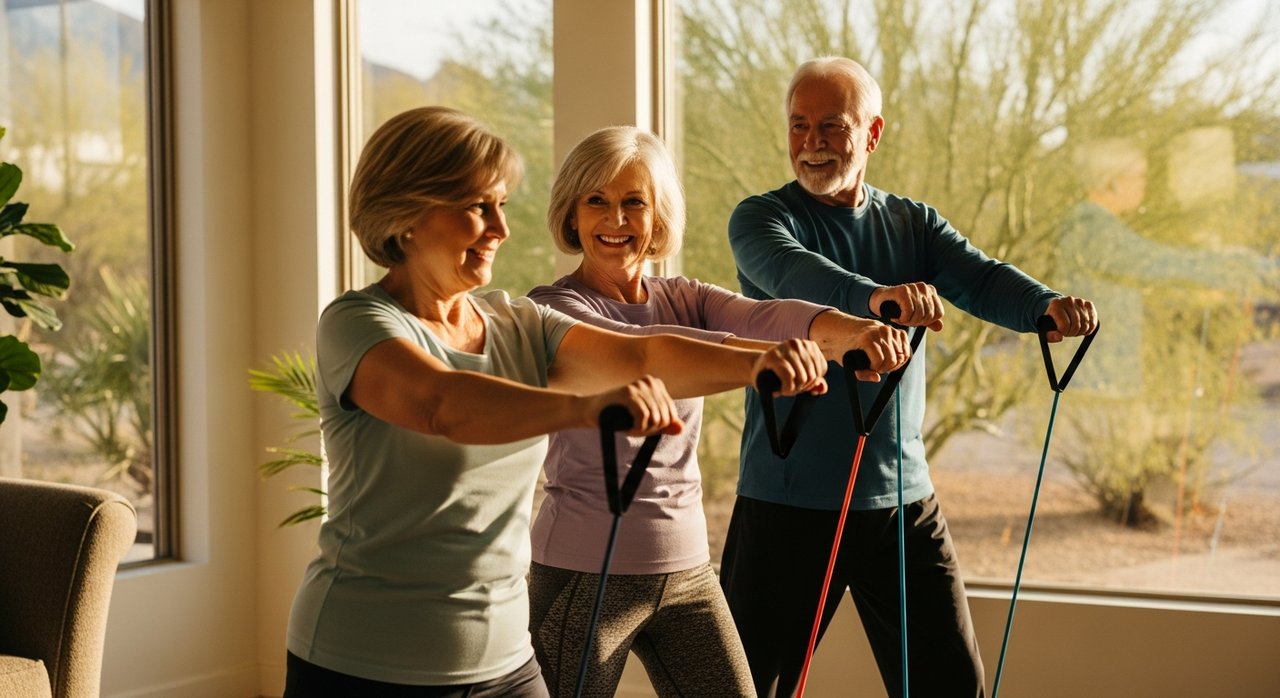 A senior couple in their 60s using resistance bands for strength training indoors in their Las Vegas home, following a weight loss program for seniors over 60 with low-impact exercise during summer heat.