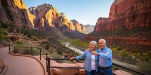 A senior couple in their 60s enjoying an accessible Zion National Park scenic overlook with red canyon walls and river views, demonstrating how seniors can experience Zion National Park easily from Las Vegas with accessible trails and comfortable day trip options.