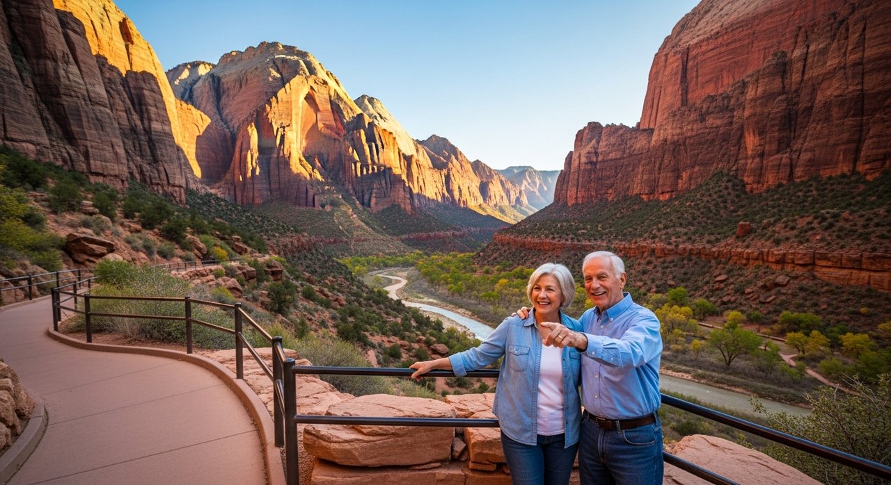 A senior couple in their 60s enjoying an accessible Zion National Park scenic overlook with red canyon walls and river views, demonstrating how seniors can experience Zion National Park easily from Las Vegas with accessible trails and comfortable day trip options.